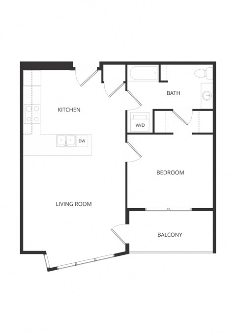 Floor plan for 1 bed, 1 bath, 673 sqft